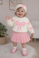 fiyonklu Pudra krem bandanalı 3’lü triko takım