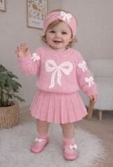 Fiyonklu bandanalı 3’lü pudra triko takım