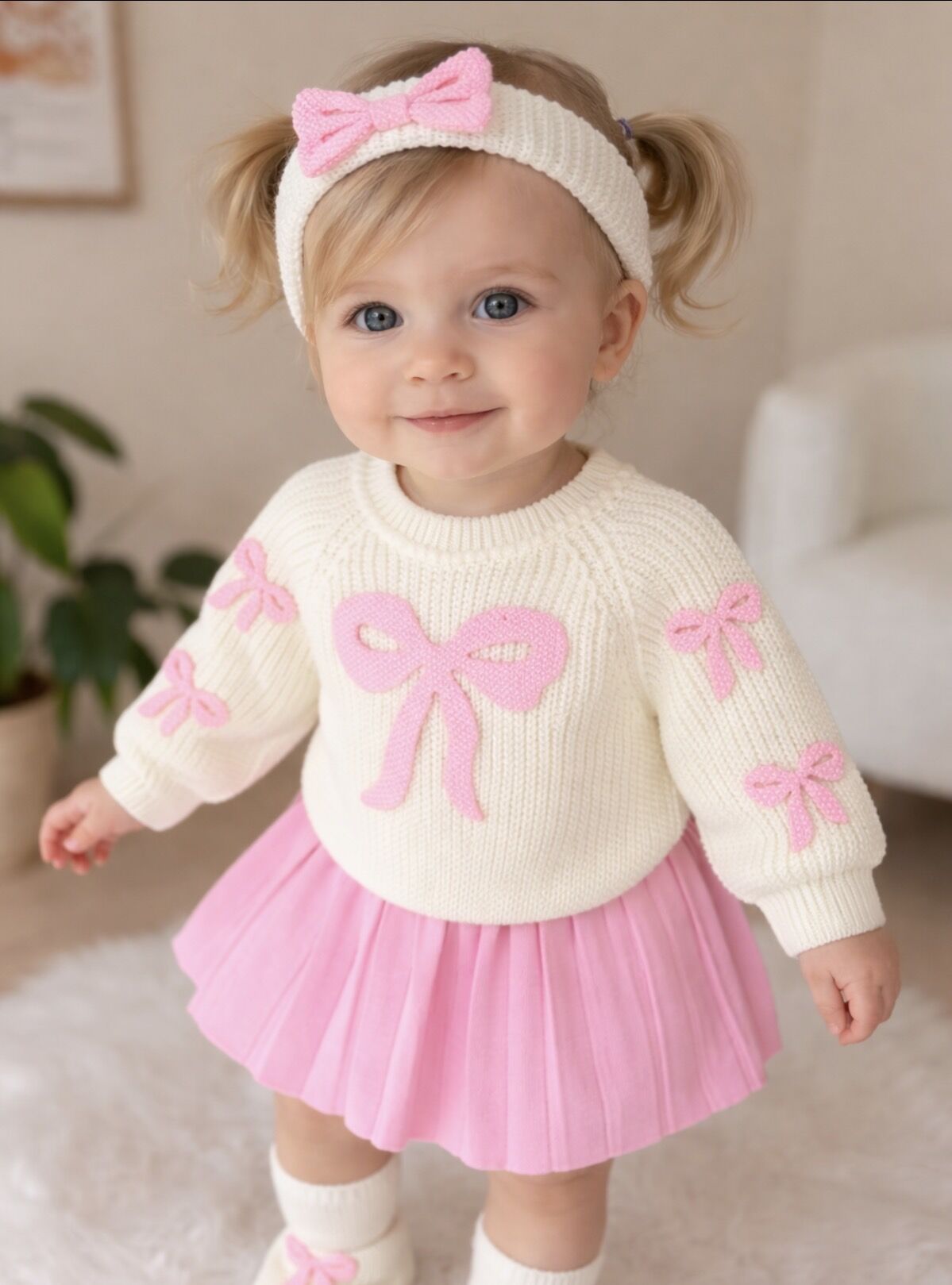 Pembe fiyonklu krem  3’lü triko takım