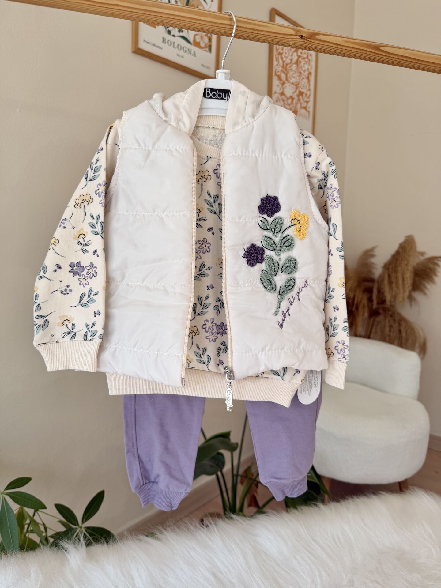 Mor çiçekli şişme yelekli 3’lü takım