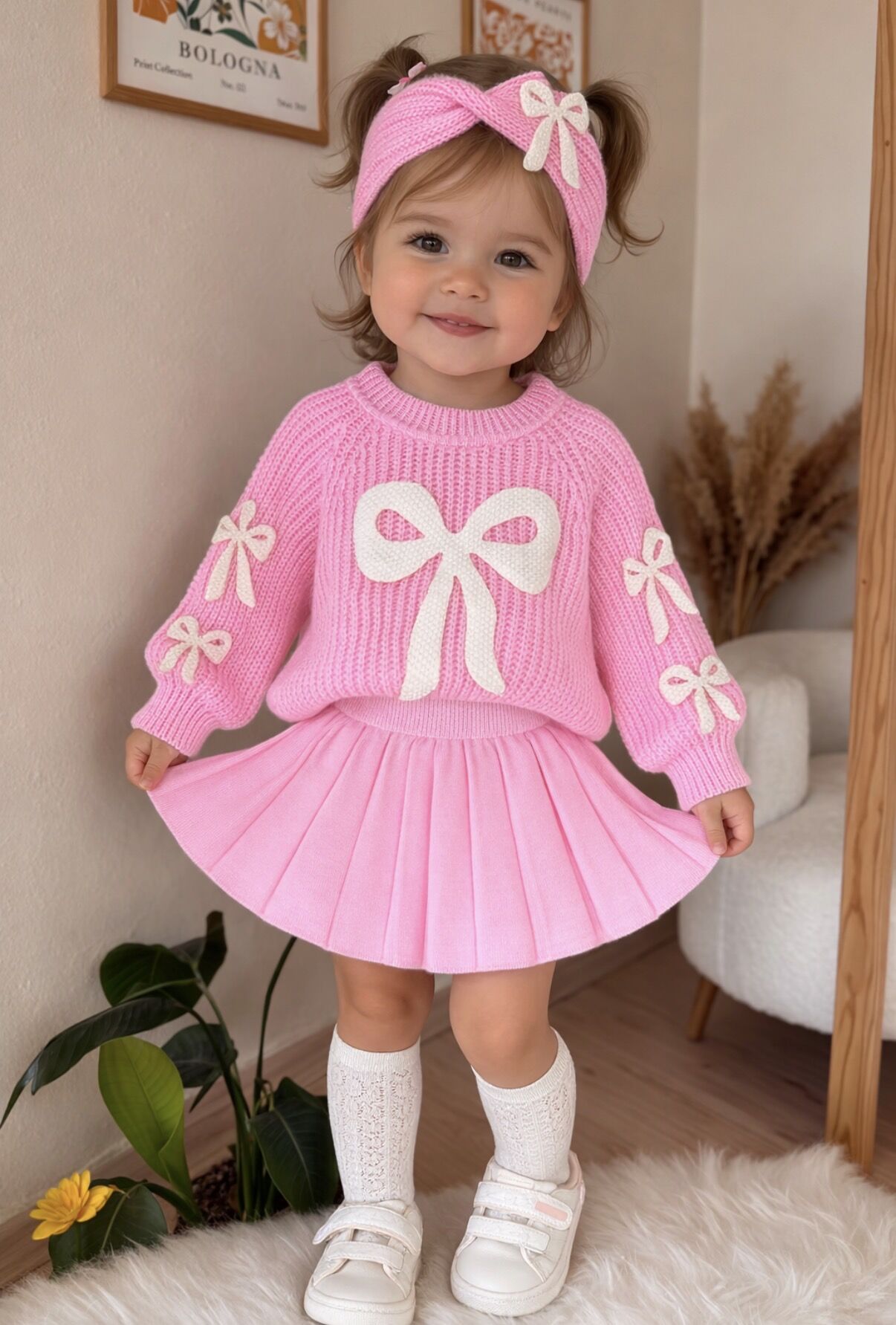 Pembe fiyonklu 3’lü triko takım