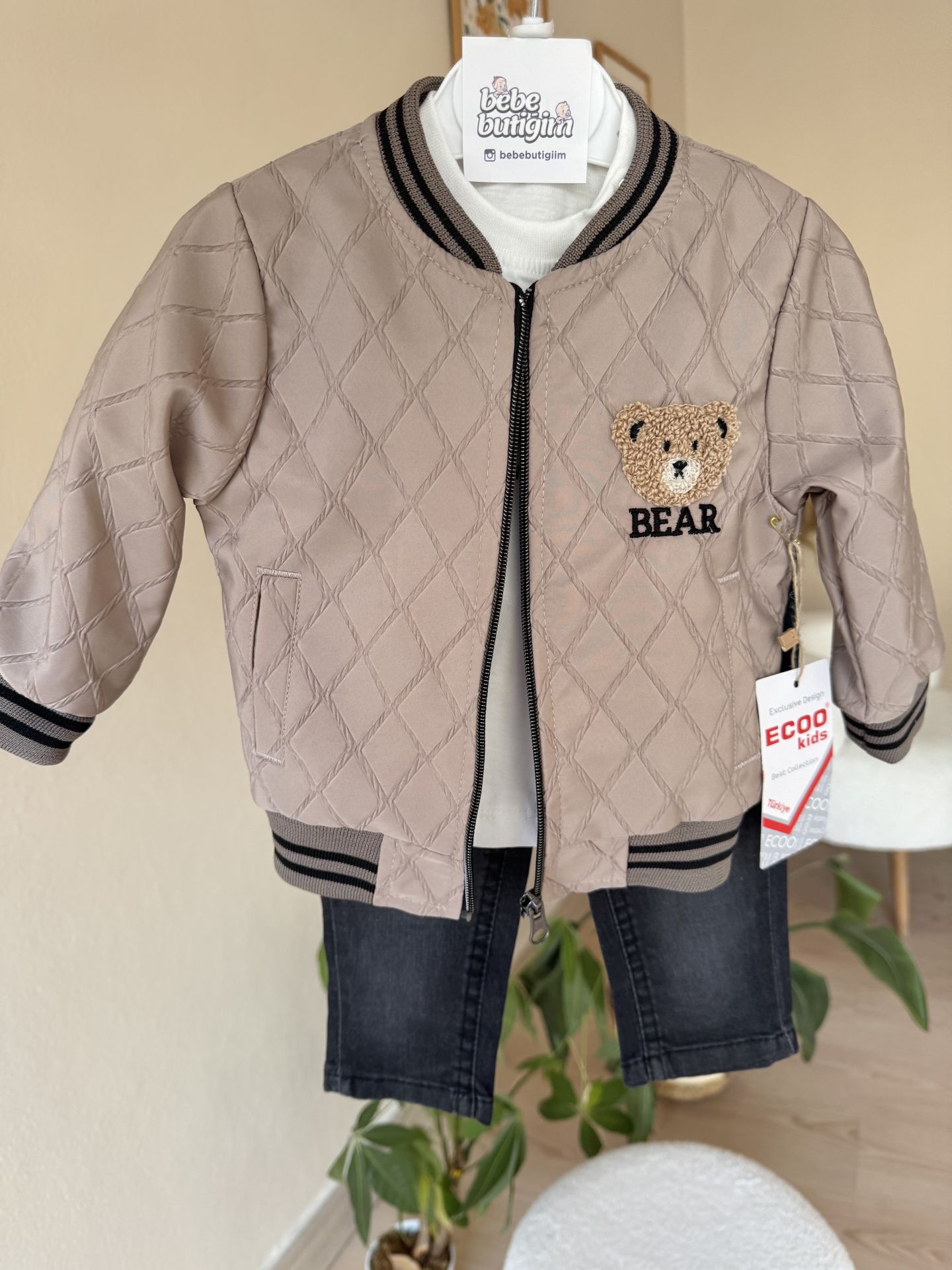 Bear nakışlı bomber ceketli 3’lü takım