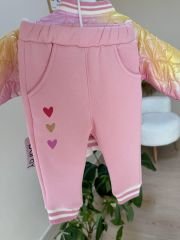 Pembe parlak bomber ceketli 3’lü takım