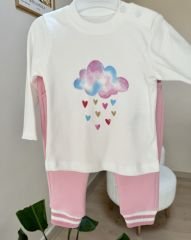 Pembe parlak bomber ceketli 3’lü takım